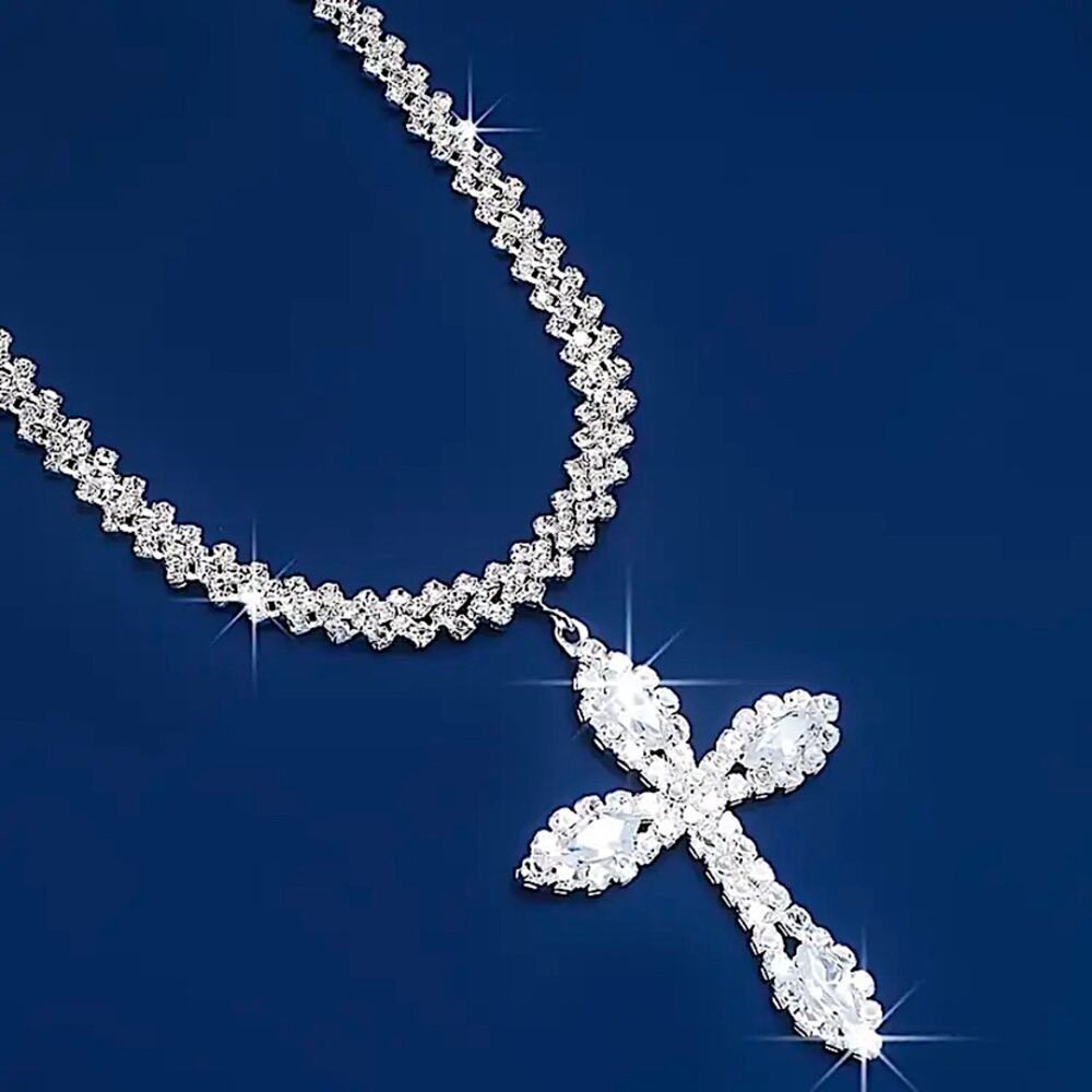 Silver Crystal Cross Choker Necklace Boho Tribal - Picture 2 of 5